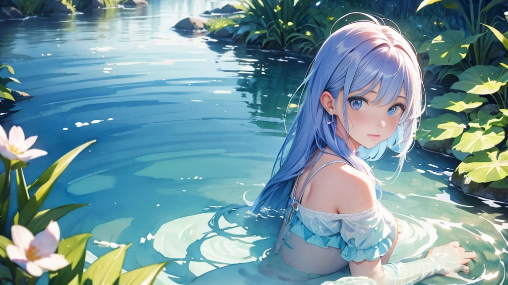 A beautiful goddess of water with long light blue hair is soaking in a hot spring with a bath towel wrapped around her body, dozing off and floating in the hot water.、full bodyesbian、​masterpiece