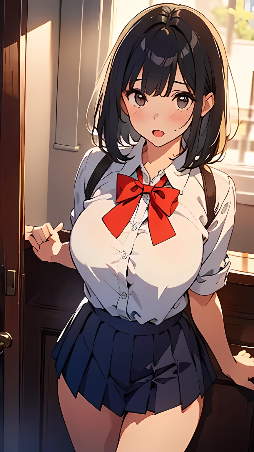 (masterpiece:1.6),(best quality:1.6), (ultra high res1.2),perfect proportion,(dark hair:1), ( black hair:1), (black eyes:1.1),(beautiful Busty breasts:1), (beautiful girl:1.4),a girl,(medium bob hair:1.2),a sexy mole around the mouth,open mouth,(aroused:1.3), (embarrassed:1.3), blush,(beige V Neck Sweater:1.1),(school uniform1),a red Checked bow tie, (upper body shot:1.1),from above shot