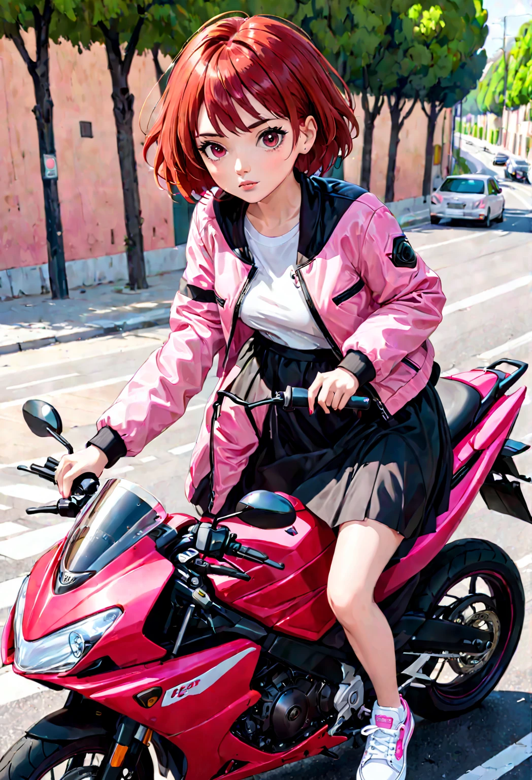 hay una mujer en una moto rojo, with short red hair and dark brown eyes, He is on a road and has a pink jacket black dress white sneakers