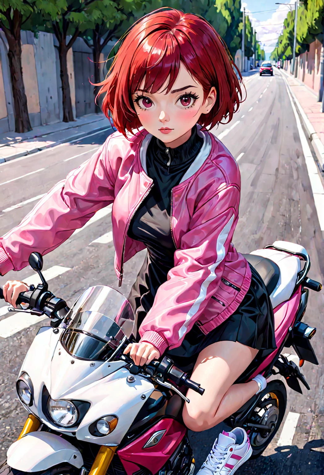 hay una mujer en una moto rojo, with short red hair and dark brown eyes, He is on a road and has a pink jacket black dress white sneakers 