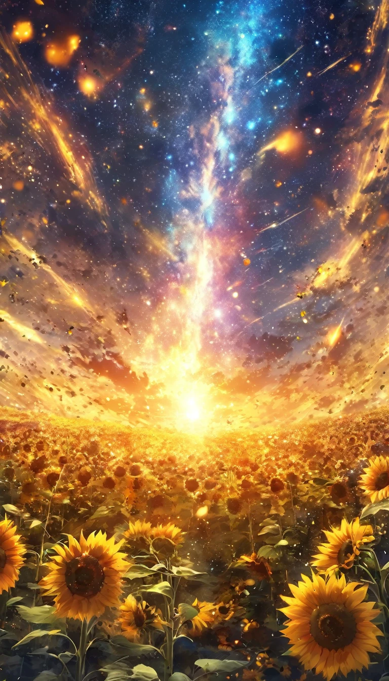 masterpiece, concept art, panorama, in the center, figure, wide shot, flower garden, night, (Meteors), Space galaxy background, (magnificent composition, epic proportions), dynamic lighting, Bright colors, sunflower,No people