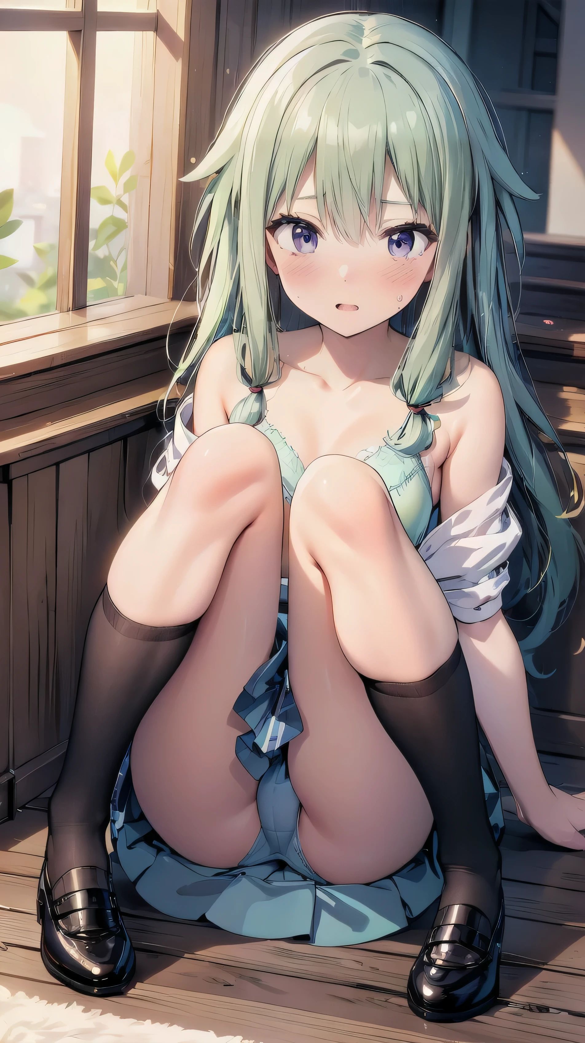 master piece、Highest image quality、highest quality、ultra detail、((embarrassed expression))、(tears)、glossy hair quality、((light green hair color))、Super detailed and beautiful bright eyes、Super detailed clear and beautiful face、((((Kusanagi Nin々))))、(cute illustration:1.2)、(((cute underwear)))、((Girl having her skirt taken off))、High-resolution, ultra-detailed, best quality、forced to spread legs, award winning, anatomically correct