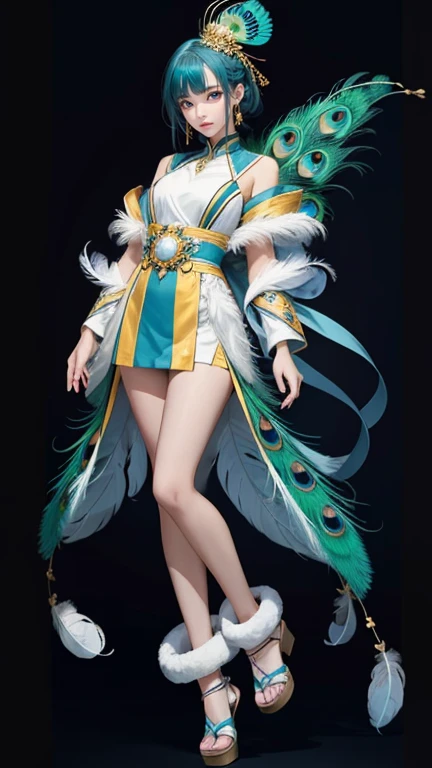 (((masterpiece))),((highest quality)),one beautiful japanese girl,pale, (A fusion character of humans and peacocks: 1.5), ((flashy)), (covered in feathers: 1.5), (colorful clothes), (expose one's skin), (spread the tail feathers)