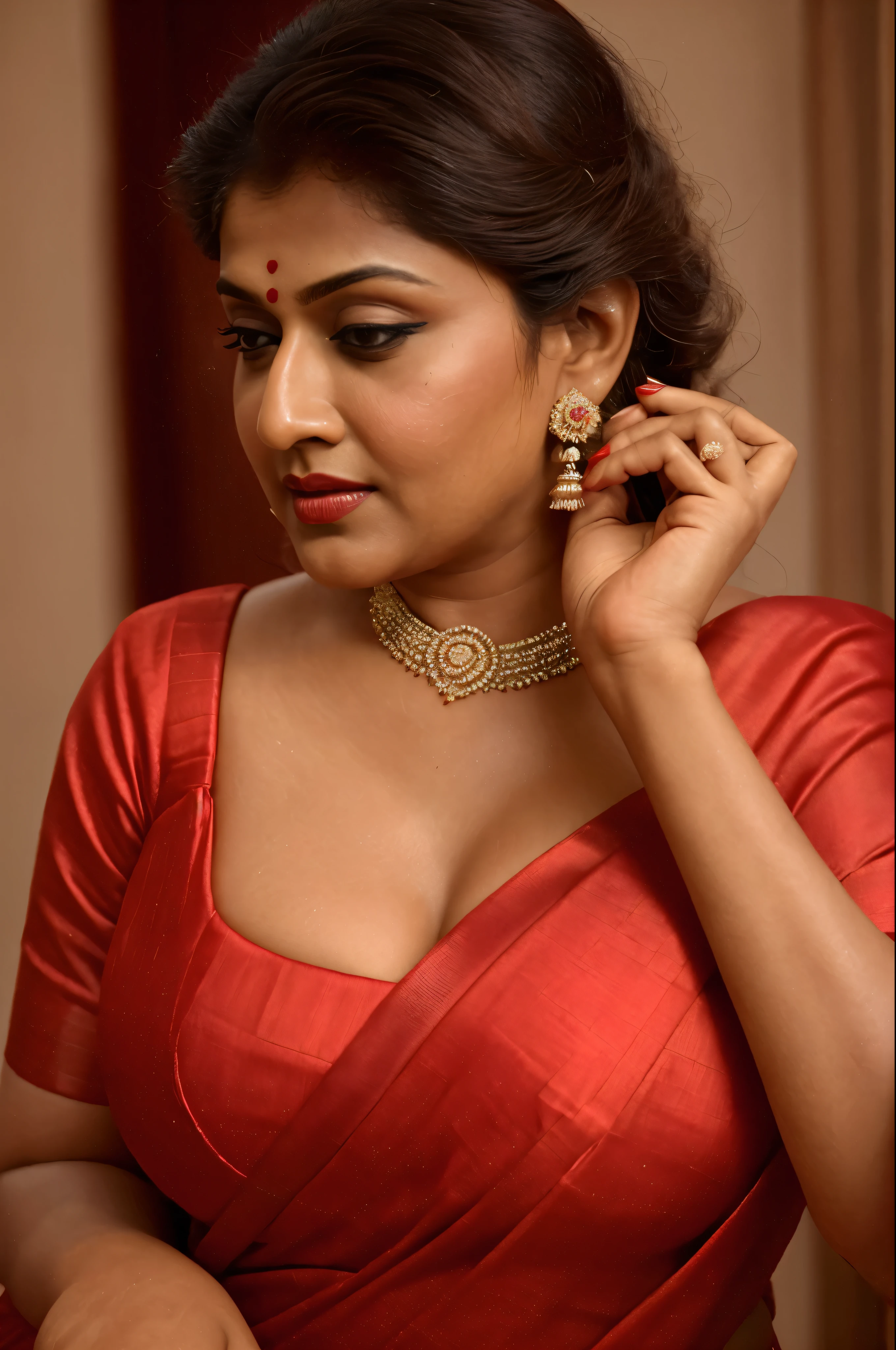 Wearing a sexy satin saree with strapless Bra, sexy Indian housewife, Looks like Indian Actress Nayanthara, actress Nayanthara, mallu, mallu aunty, desi aunty, full figured mature beauty, sweaty skin , shining skin, sweat, attractive figure, 48 years old, spicy hot, desi milf, desi aunty, a close up of a woman in a red dress in a bedroom, inspired by Avigdor Arikha, sleek!!!, indian super model, wavy hair combed to one side, actress, by Jitish Kallat, smoldering, intense smoldering, fashion, an angel, print ready, with a dramatic looking, inspired by Sudip Roy, seductive look, sexy Saree queen, sexy Saree fashion, seductive Saree, wear saree, sizzling hot Beauty, red juicy lips,