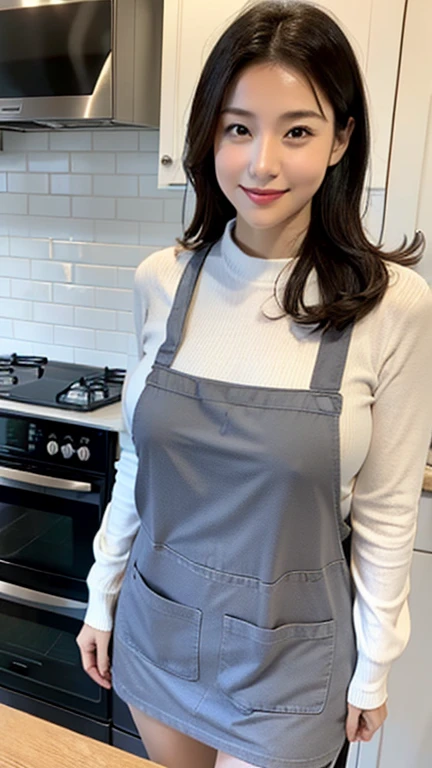 Japan&#39;s most beautiful mother、Too erotic mom、A body that accepts all sexual desires、standing in the kitchen、Gray long sleeve tight knit、wearing an apron、((big breasts 1.8))、32K quality、highest quality、turn around、say good morning with a smile