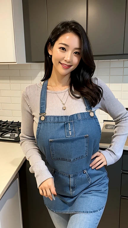 Japan&#39;s most beautiful mother、Too erotic mom、A body that accepts all sexual desires、standing in the kitchen、Gray long sleeve tight knit、wearing an apron、((big breasts 1.8))、32K quality、highest quality、turn around、say good morning with a smile