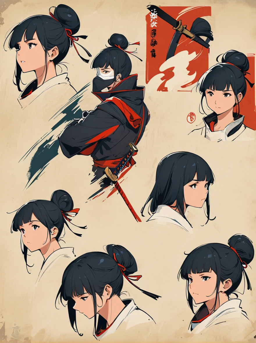 Scarlet concept art,Wearing a ninja costume with black and red accents,Black hair combed into a bun,Bangs cover half of the face,The mask covers the mouth,Only the chin is covered,Wearing a black eye mask around the neck,portrait from waist up,stand on the wall,The back is a samurai sword,Artstation style numbers, dynamic poses,Chinese ink style,film lighting。