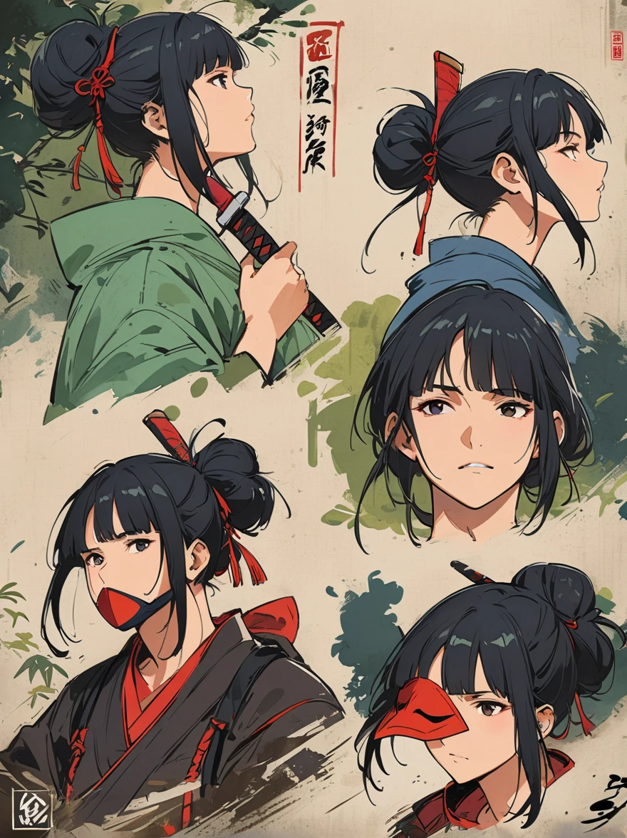 Scarlet concept art，Wearing a ninja costume with black and red accents，Black hair combed into a bun，Bangs cover half of the face，The mask covers the mouth，Only the chin is covered，Wearing a black eye mask around the neck，portrait from waist up，stand on the wall，The back is a samurai sword，Artstation style numbers， dynamic poses，Chinese ink style，film lighting。