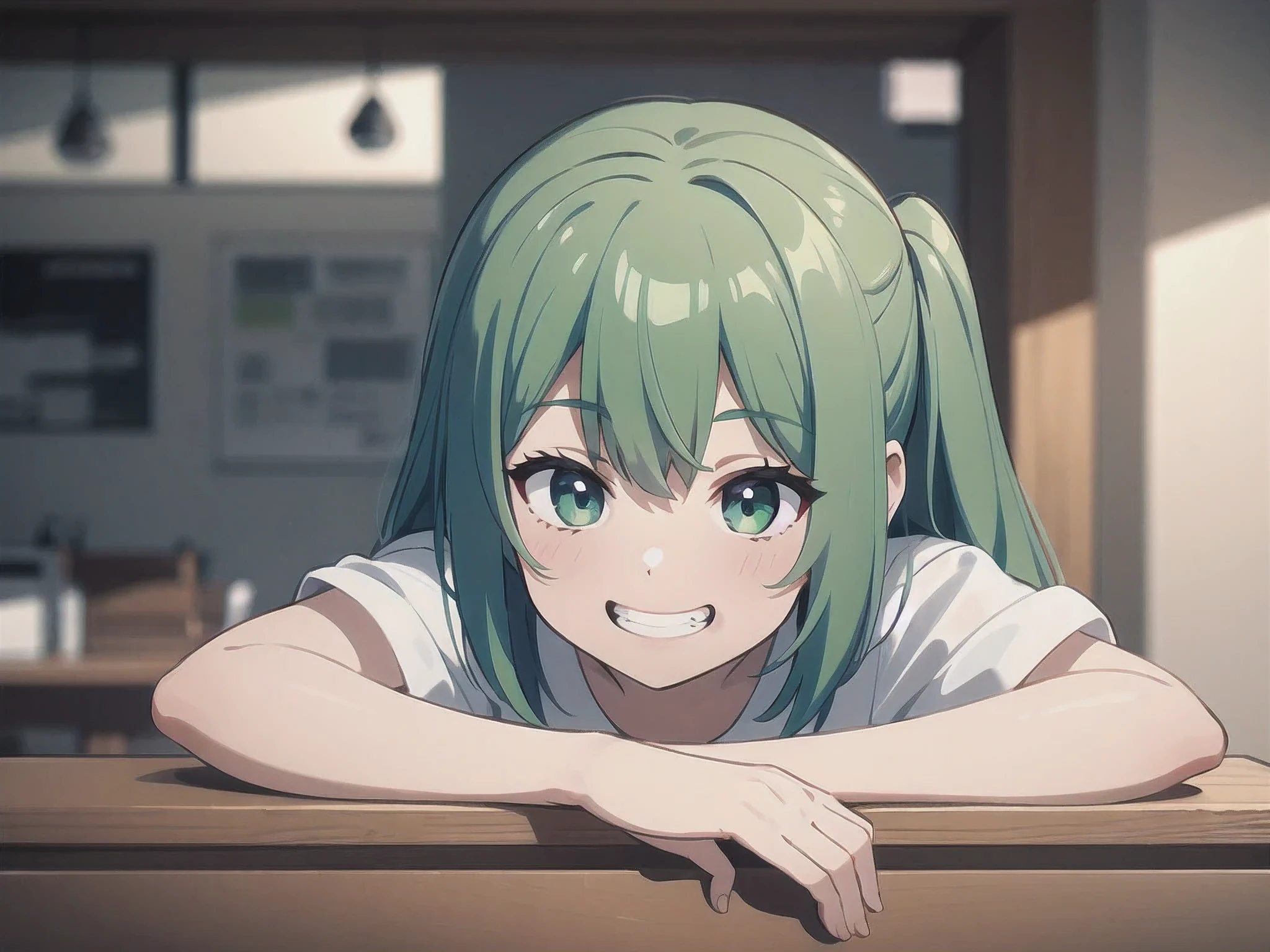 HD,8k,cute(1.3),green hair,Dumb,1 ,grin