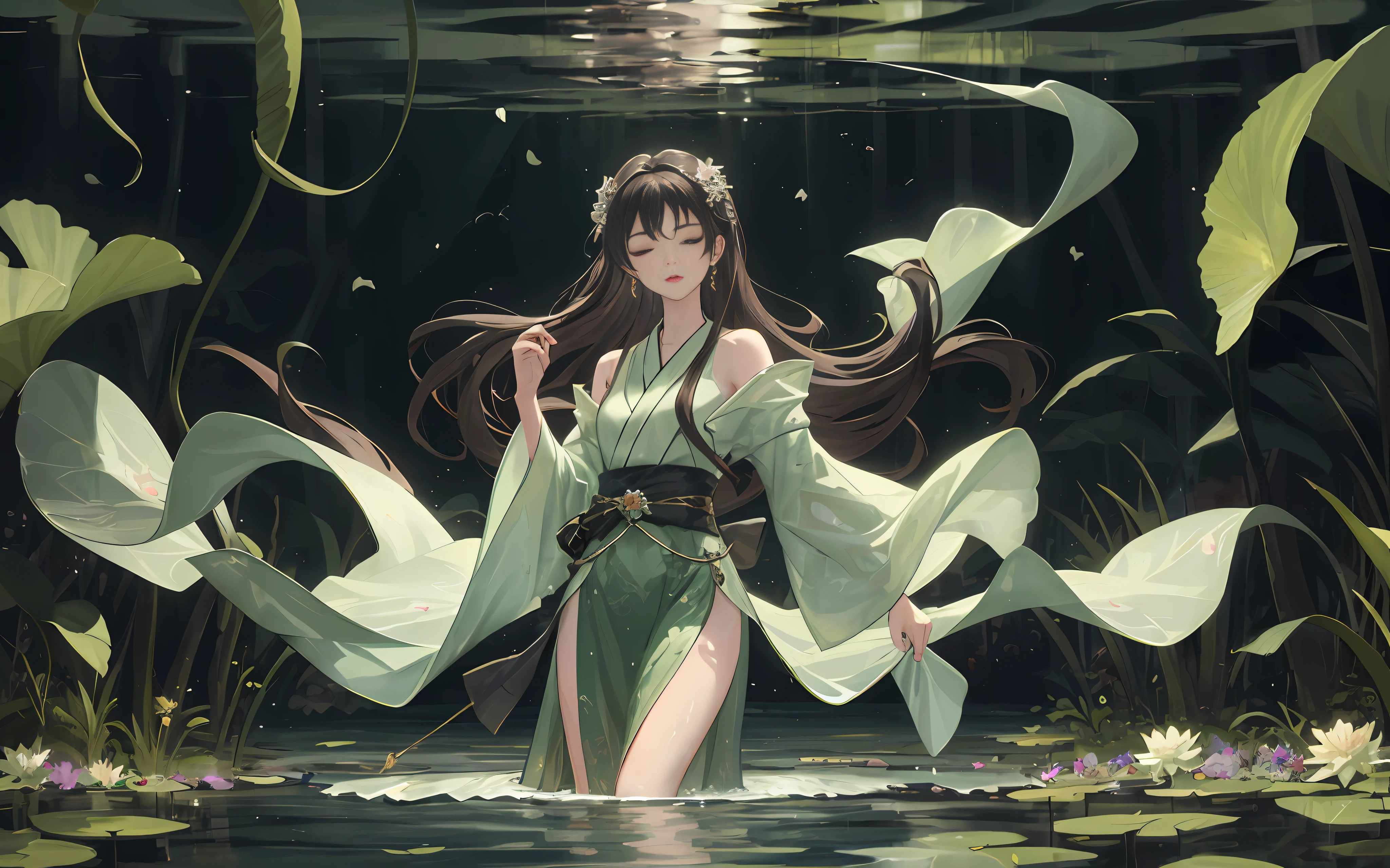 Dark green Hanfu, young woman, chill, bright skin, A sea of flowers, pond, petals float on the water, Lily, clavicle, eyes closed, Half submerged in water, dark background, Moonlight, hairpin, jade pendant, Hanfu, Gentle faces, hair accessories, Red lips, Skirts, belts, Jewelry, long hair, earrings, , strands of hair, Ideal body proportions, wet, slender legs, bridges,