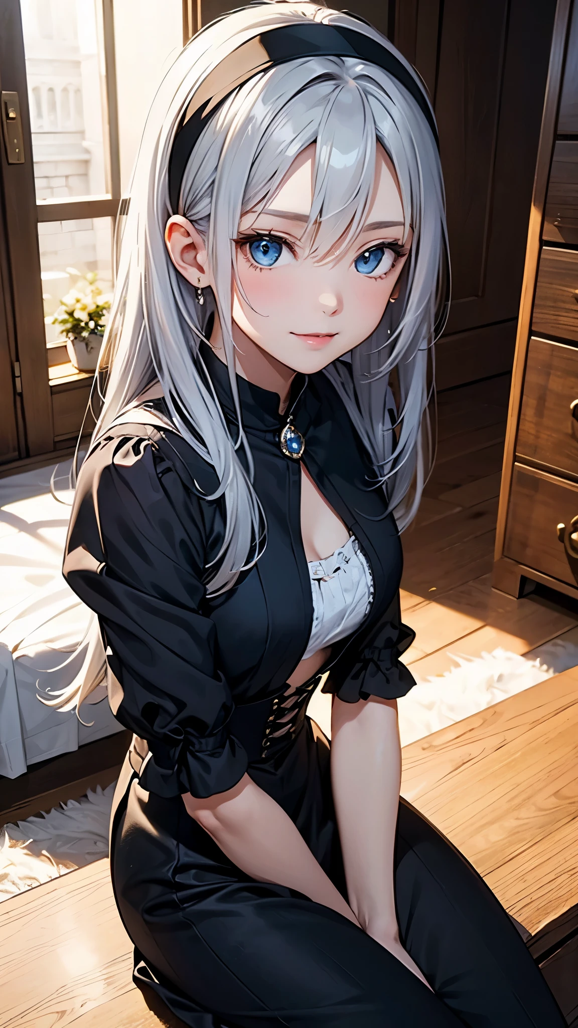 (最高masterpiece, highest quality, highest quality,official art),(mature woman:1.3),(attractive woman),((masterpiece, highest quality))、8K、one woman、((30 years old))、((silver hair))、long hair、messy hair、blue eyes、Big eyes、sparkling eyes、Beautifully drawn eyes、((close one eye))、smile、small bust、Black Gothic Maid、((white headband))、Knee to head、Entrance of a luxurious house、aerial perspective、pure、transparent、Light、Light、Light、