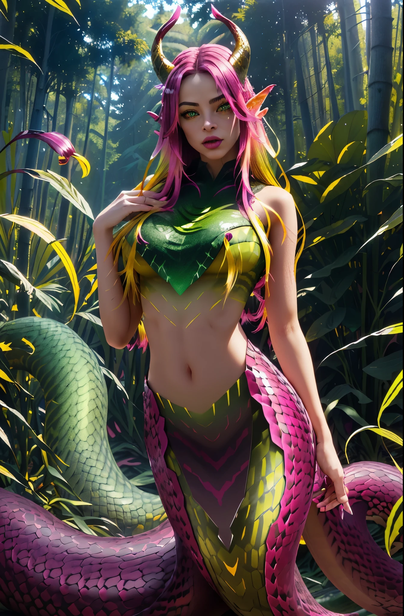 detailed snake skin, (adult), just concentrate, (lamia), stoic, monster girl, red horns, wide hips, beautiful eyes, beautiful background, abandoned cabin, the forest, light particles, Sun rays, dramatic lighting, outside, grass, leaves, бthe forestтящий (yellow, Fuchsia, green gradient:1.5), realistic, masterpiece, Best quality, ultra-detailed, detailed, landscape, beautiful detailed eyes, detailed hair, surrealism, hypersexual, hd, cinematic, movie quality rendering 