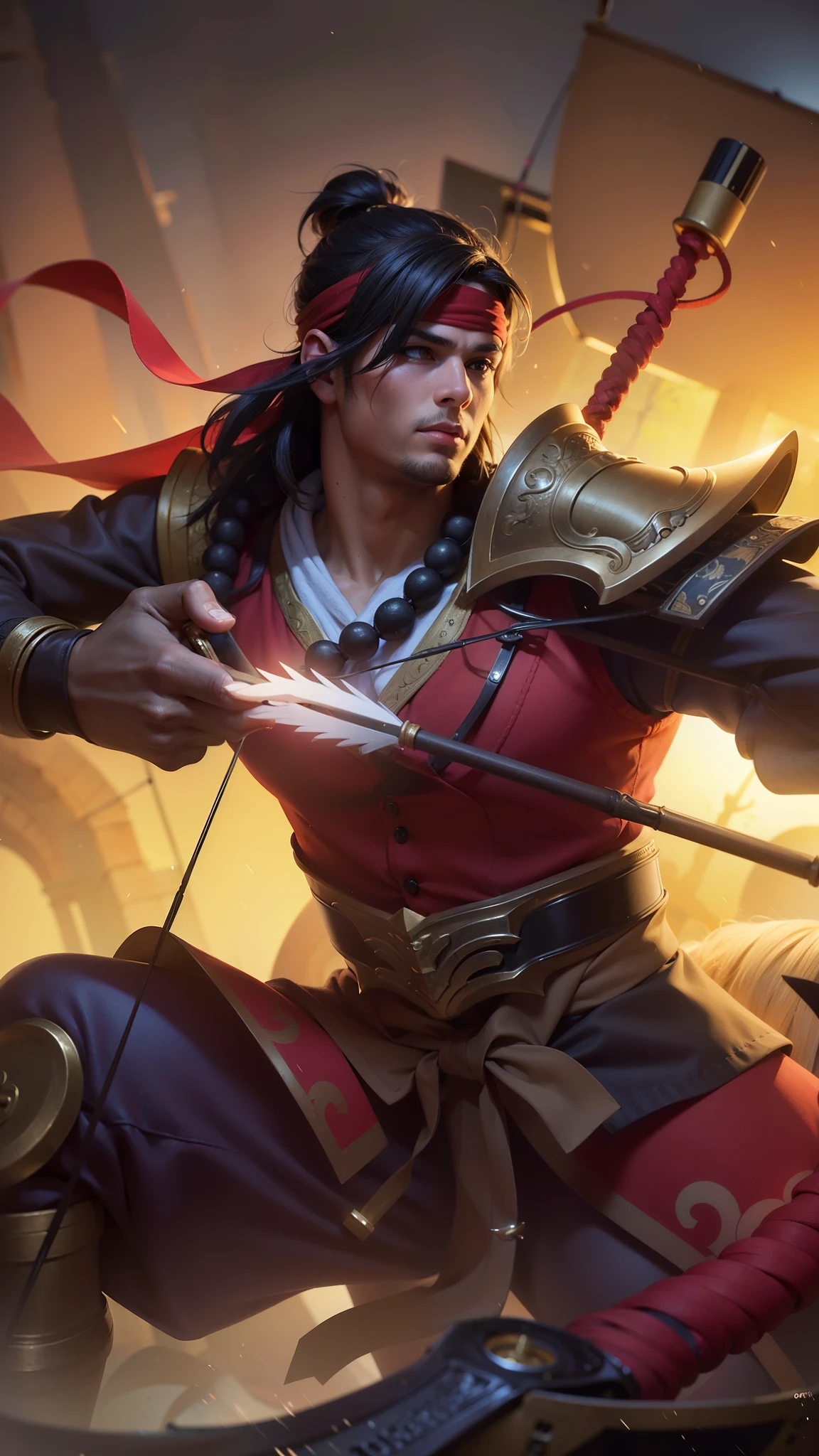 Young man with a bow and hand holding arrows, 8k, ultra hd, ultra detailed texture, hyper realistic, masterpiece, detailed texture, detailed face, detailed skin, detailed lighting, (photorealistic:1.5), best quality, beautiful lighting, cinematic lighting, professional lighting, ultra highres, realistic, detailed hair, real hair, high quality, (realskin:1.5), extremely detailed, finely detail, ultra-detailed, red bandana.