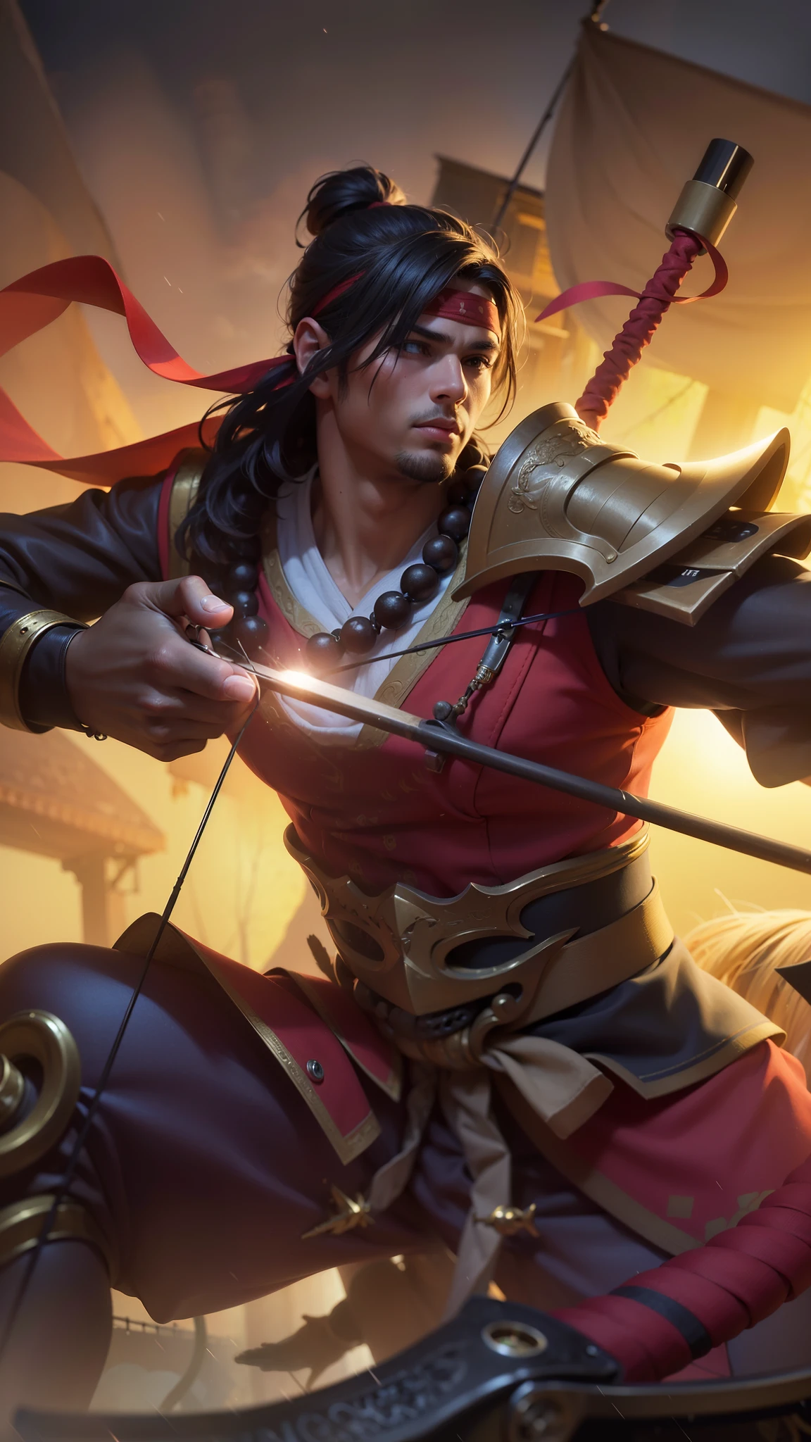 Young man with a bow and hand holding arrows, 8k, ultra hd, ultra detailed texture, hyper realistic, masterpiece, detailed texture, detailed face, detailed skin, detailed lighting, (photorealistic:1.5), best quality, beautiful lighting, cinematic lighting, professional lighting, ultra highres, realistic, detailed hair, real hair, high quality, (realskin:1.5), extremely detailed, finely detail, ultra-detailed, red bandana.