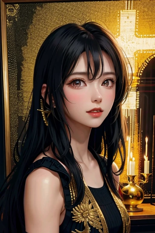 (masterpiece、highest quality、highest quality、official art、beautiful beautiful:1.2)、(1 girl)、extreme details、Colorful、most detailed、official art、unity 8k wallpaper、super detailed、beautiful beautiful、beautiful feceasterpiece、highest quality、(tangleた、mandala、tangle、tangle)、holy light、gold foil、gold leaf art、glitter drawing、PerfectNwsjMajmagic、short bob