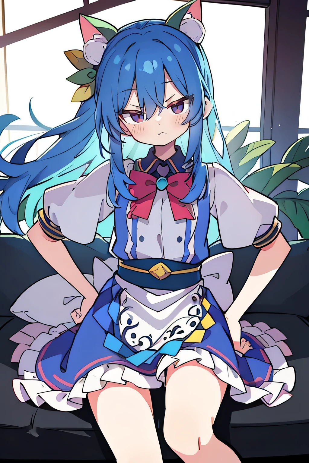 (masterpiece),best quality, expressive eyes, perfect face, 1girl,
Put your hands on your waist,fair, Gorgeous,Japanese cartoons,girl,lola,Hina Angel, blue hair, blue haired, floating clothes,Grab your waist, Grab your waist, hands on hips , hands on hips,sit, sit on ground, Legs on the ground, flat chest,angry,