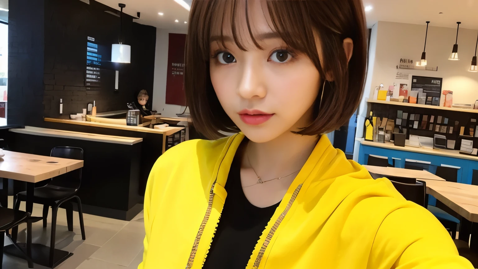 brown hair、short hair、With bangs、Beautiful woman、sexy body、bright colored jacket(The inner layer is a black scoop neck T-shirt..)、inside a stylish cafe