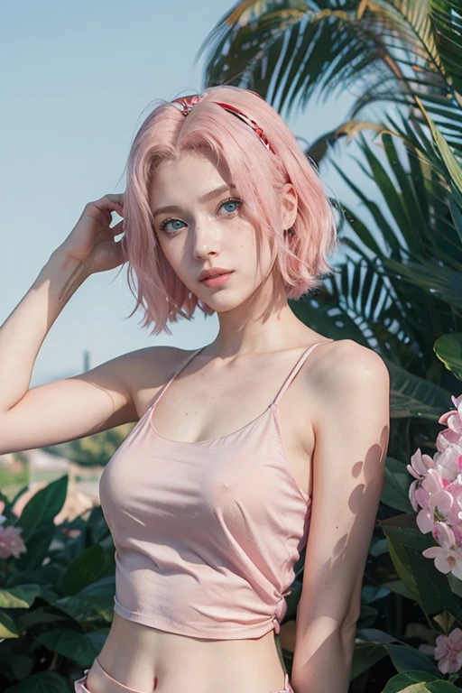 young woman, short shoulder-length pink hair, wide forehead, porcelain skin, pink eyebrows, big emerald green eyes, buttoned nose, full lips, heart-shaped face, slender body, small breasts, red tank top, Sakura Haruno , realistic, realism, details, 3d, well detailed