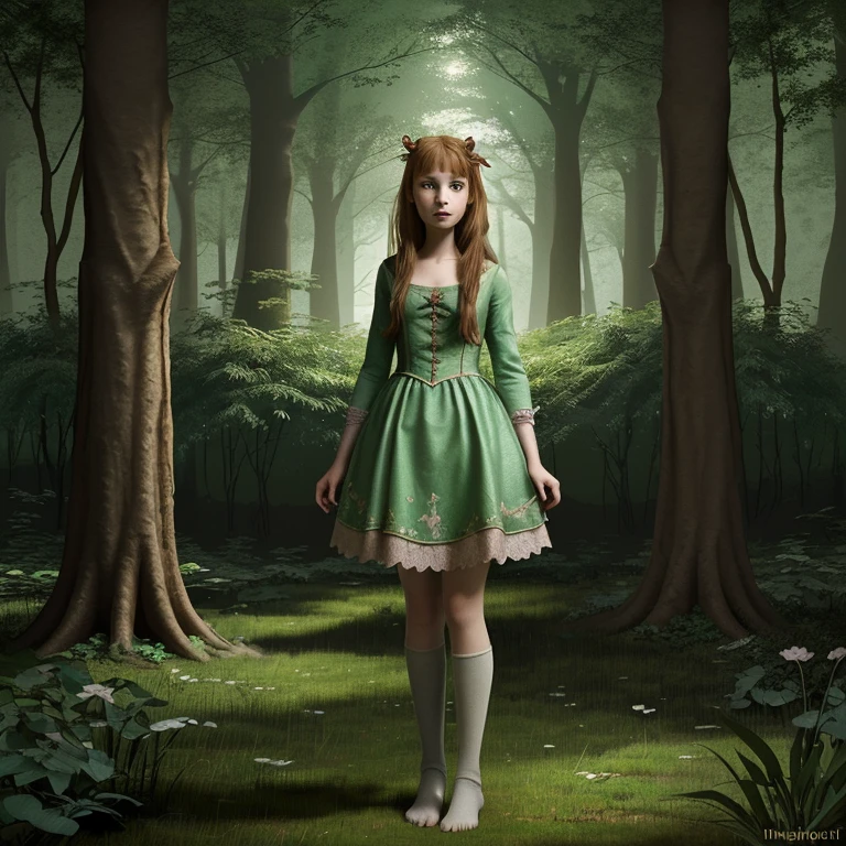 Illustration for a fairy tale about a girl, standing in the forest, who can talk to animals"