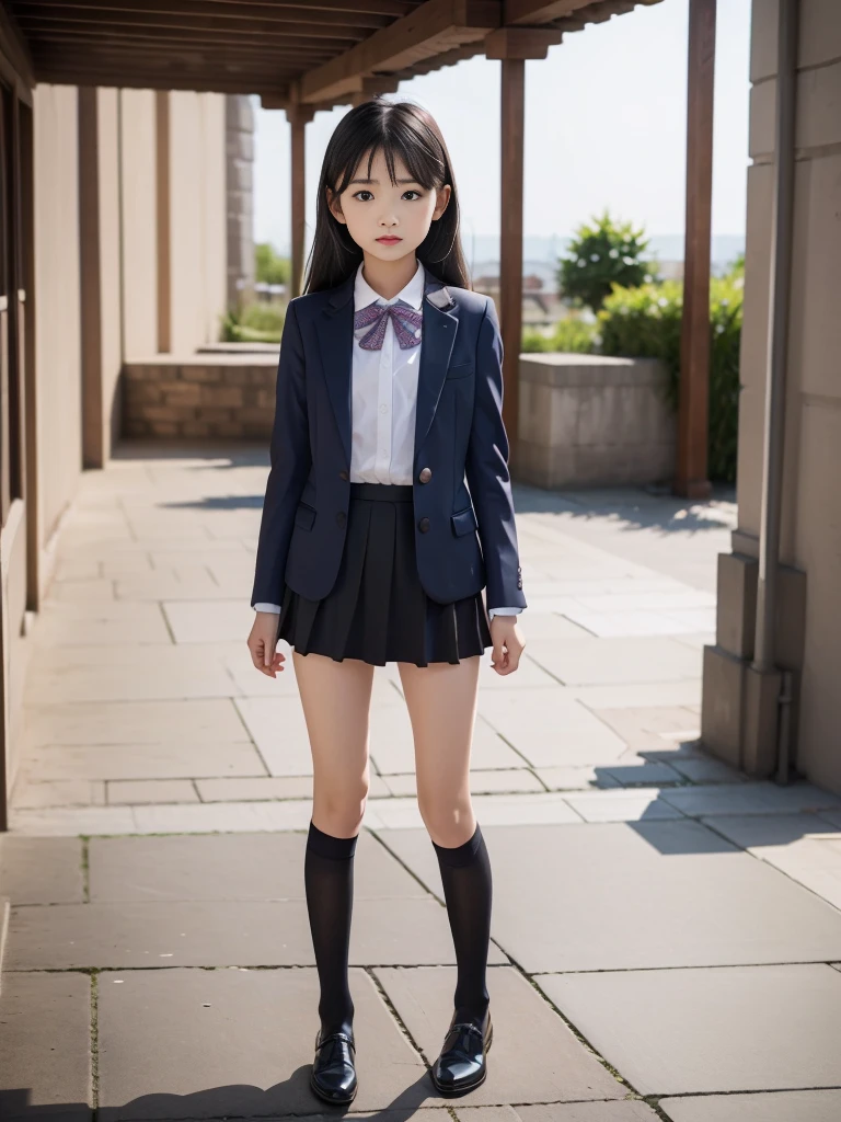 (masterpiece, highest quality:1.4), award-winning portraits, 8K, 85mm, alone, beautiful face, delicate girl, , (dark navy blazer jacket), dark navy skirt, long sleeve, violaces, gardenia, grace, Sophisticated, cute, teen, looking at the viewer, 15 years old, Raw photo, disorganized, HDR, sharp focus, A bow tie, background bokeh、(((flat 、thin and delicate body、A childish atmosphere)))、Her shiny semi-long hair is tied up、hair swaying in the wind、Mole on the left cheek、large, round, dark blue eyes、full body、random pose、Run、sprinting、Skirt fluttering in the wind、Junior idol、Nogizaka Idol、widening skirt、jump、mole under eye、sexy、