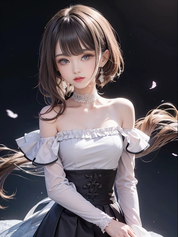 (highest quality, masterpiece), 1 girl, (dark brown hair), lavender eyes, intricate details, off shoulder, skirt, choker, frills, looking at the viewer, blush, Upper body, blurred background, Floral, contrasting