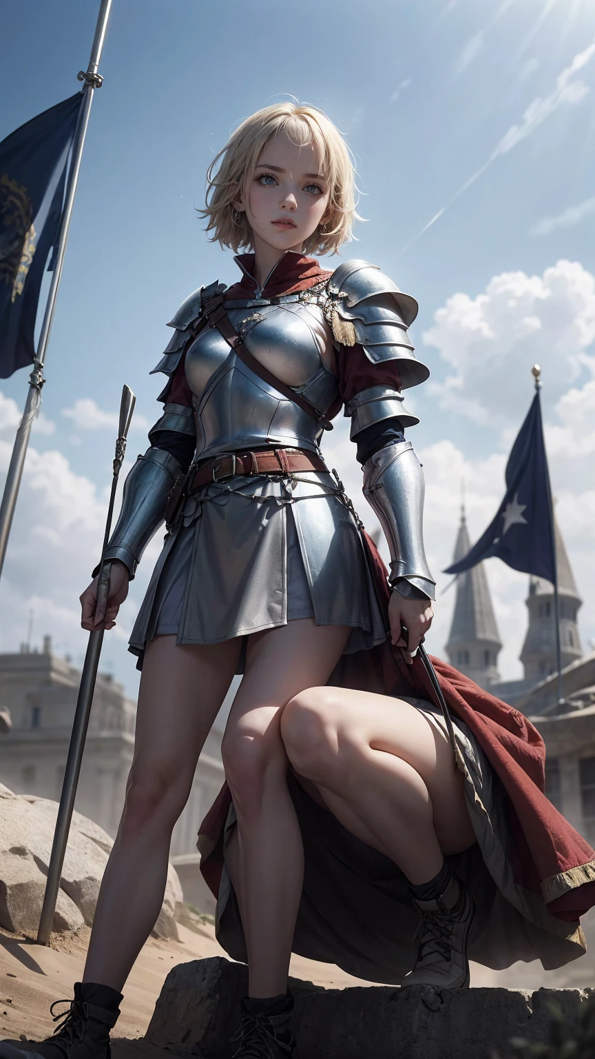 ((最high quality, 8K, masterpiece: 1.3, Ultra HD, high quality, 最high quality, High resolution, realism)) 、(high color saturation:1.0), (highly detailed skin), (最high quality:1.0), (超High resolution:1.0) ,(realistic:1.0), (Super detailed:1.0), (8K, Raw photo:1.1), slender、Slender, muscular body that's toned like an athlete's、Jeanne d'Arc、Wearing Western armor from head to toe、holding a pole with a flag on it、nice body、I'm on top of a small hill、There are many knights in armor around.、It's a battlefield、There are many dead soldiers around