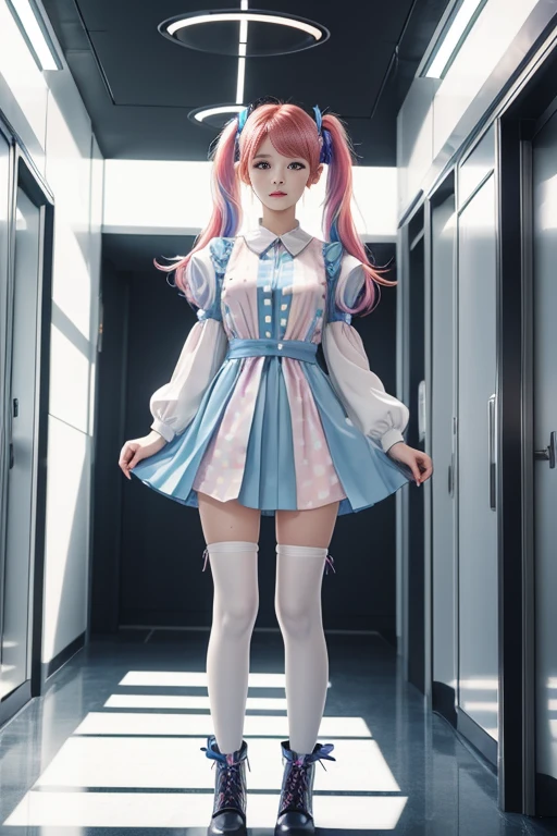 cute redhead, idol sculpture, With rainbow colored hair, ribbon in her hair, 18 year old female, Happy, with twin tails, perfect symmetrical eyes, clear shining blue eyes, pale skin, silky smooth skin, Standing on top of a flashy, luxurious spaceship, big futuristic hallway, Control panel, wood trim, Foliage plant, warm lighting, wearing a futuristic dress, pleats (shirt) mini dress (pastel rainbow colors, and polka dots), wearing pantyhose all over, cute short cut boots.