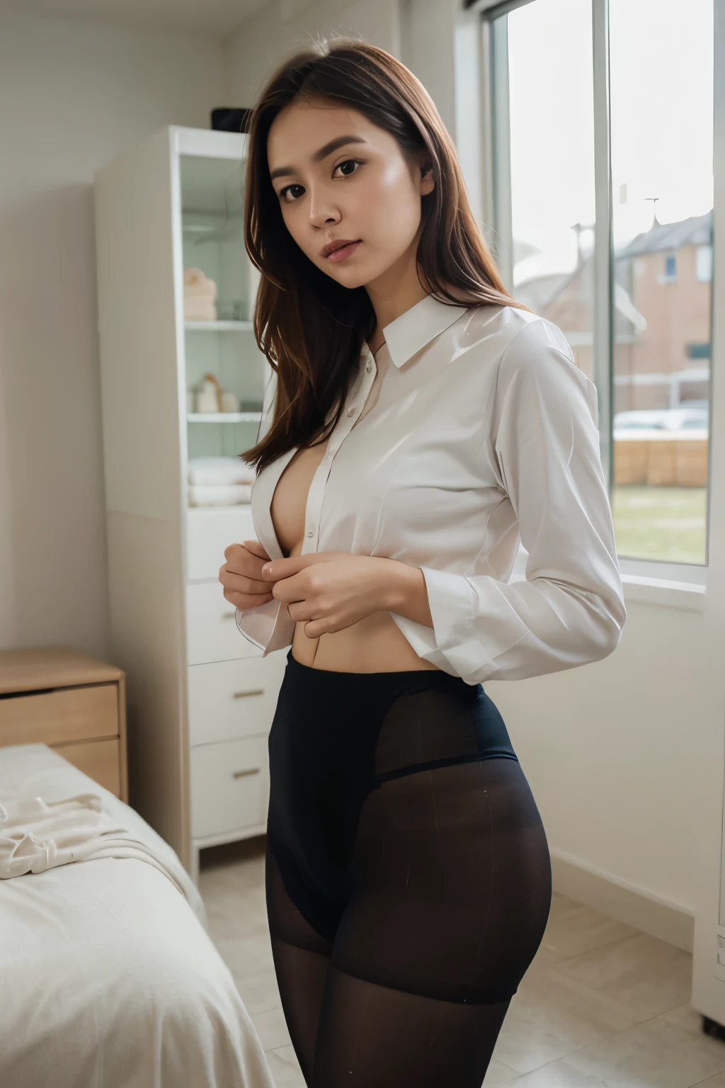 office girl changing clothes in the changing room, super realistic pantyhose:1.3, ulzzang-6500-v1.1, sharp focus、(Raw photo:1.2), (Photoreal), beautiful detailed girl, (genuine: 1.4), (muste piece), Puzzled, shame, shyness、