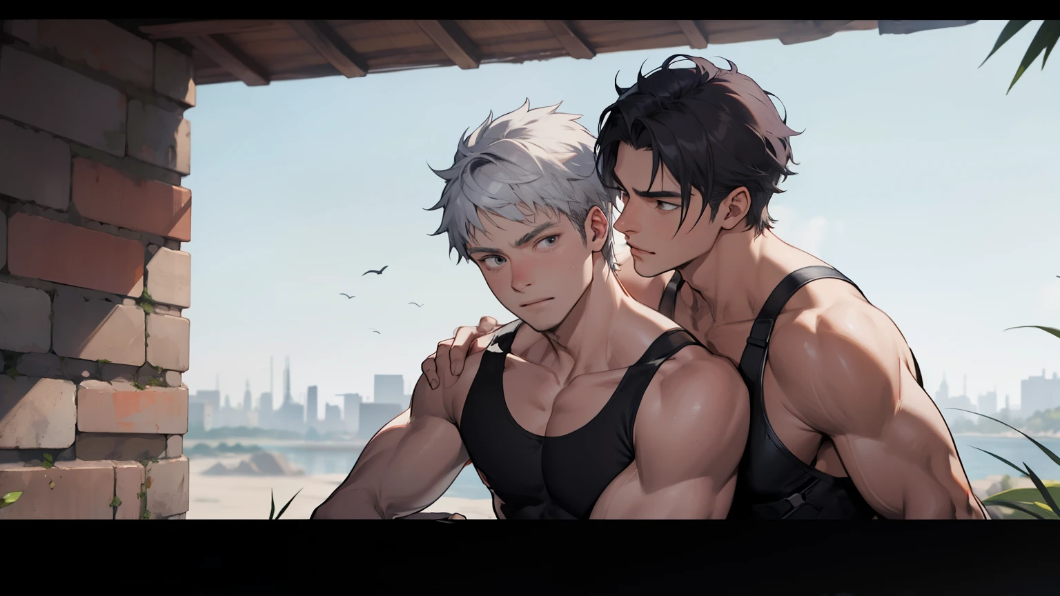In the background there is a silver city there are Two boys