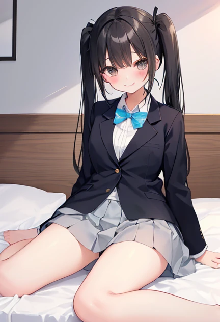 beautiful illustrations, highest quality, pretty girl,beautiful girl、clear face、 half girl、pastel colour ,black hair、black eyes、smile、blush、にこやかなsmile、thighs、uniform、blazer、Bedroom、on the bed、スカートをめくってpantsを見せる、between legs、pants、twin tails、underwear、have a skirt、gal