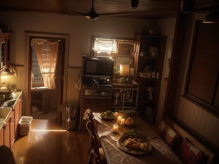 there is a dining room with a table and chairs in it, inside house in village, listing image, big spatious room, old apartment, dining room, furnished room, full room view, light from top right, photo taken from far, dimly light room, house interior, an interior of room, morning sunlight, living room, high light on the left