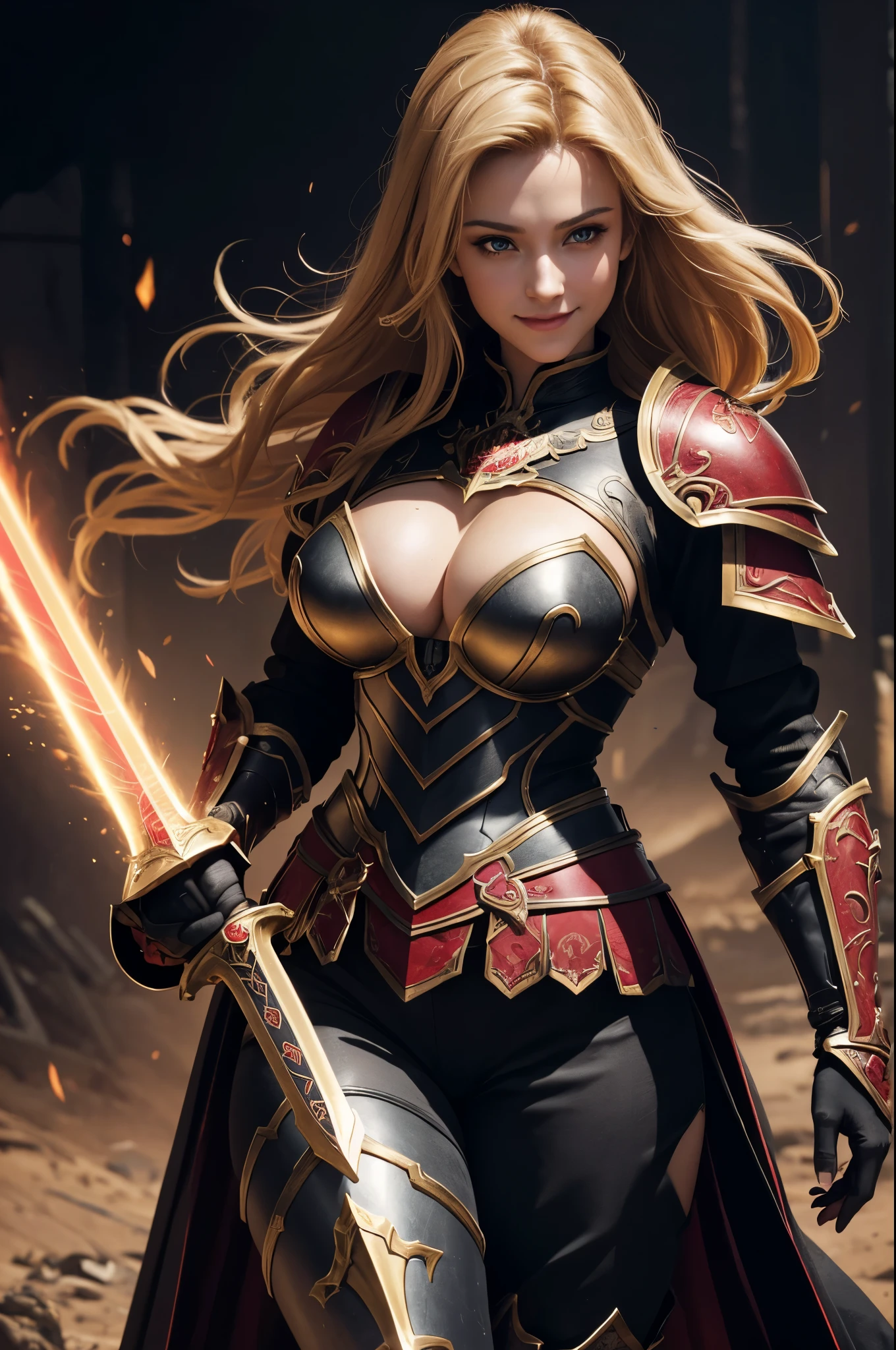 8K,holy knight with sword,Gorgeous black and red extra large chest armor(An elaborately crafted noble coat of arms),luxury black and red pants,super beautiful(like the real thing),ultra high resolution,Super realistic,realistic skin,blonde curly hair,big blue eyes,muscular slim body,クールなsmile,purple rouge,background,battlefield,Gorgeous black and red shoulder armor,Gorgeous black and red waist armor,Luxurious black and red instep,fantasy art,character art,battle scene,action scene,action pose,sexy cleavage,paladin,Looking down on her big cleavage from above,masterpiece,masterpiece,Photorealistic RAW photos of the highest quality。bright colors,rich colors, Backlight, cinematic lighting, film grain, to be born, 50MM lens, Nikon D850,realistic skin,fantasy art,character art,ultra high resolution,realistic scale skin,golden eyes(Golden Glitter Effect),smile,