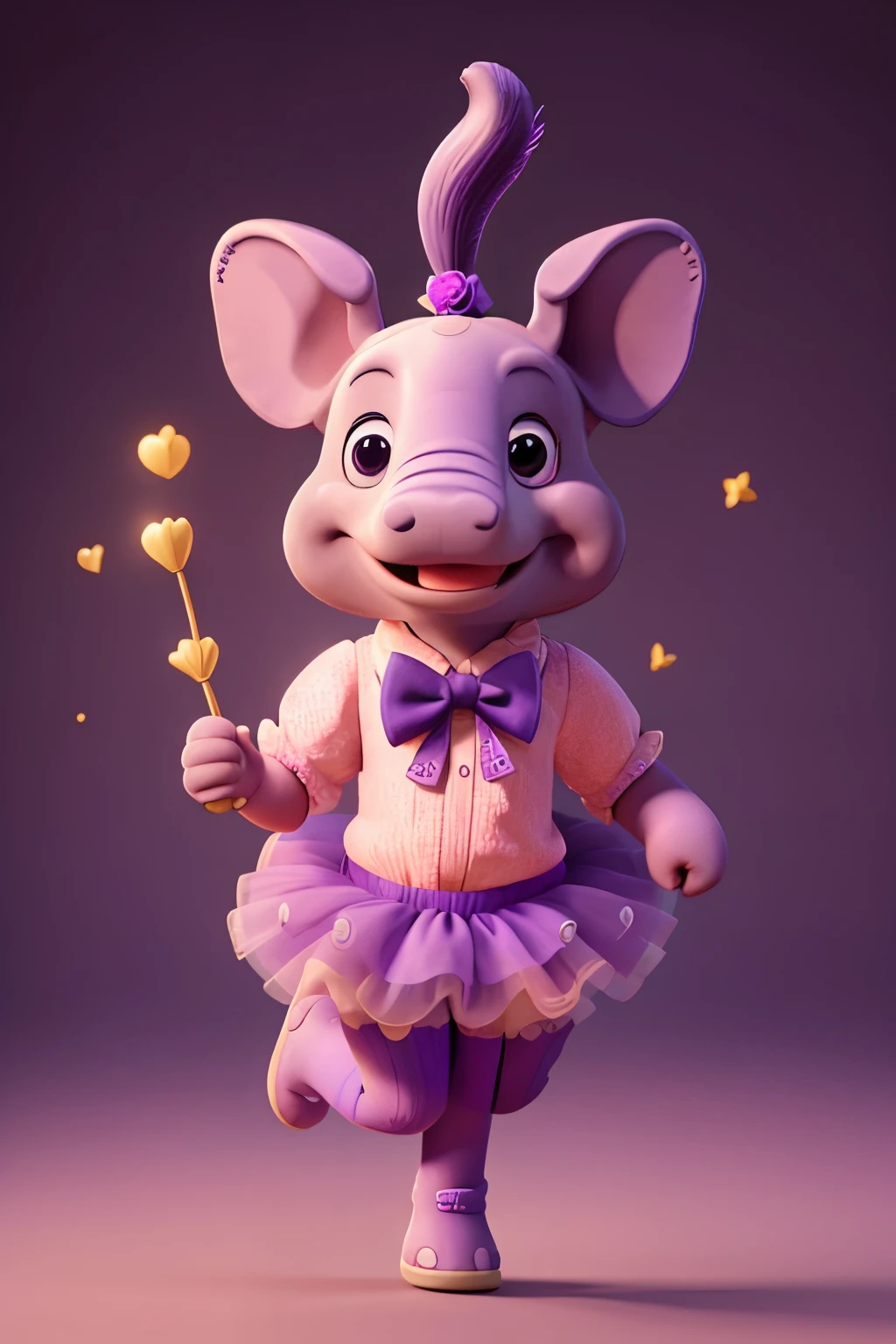 elephant wearing purple tutu and purple bow, cheerful, jumping, high definition