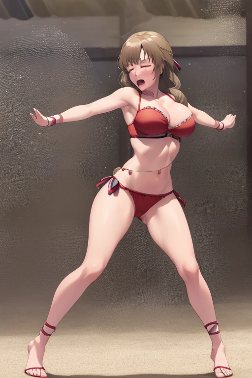masterpiece, best quality, beautiful art, high resolution, well formed hands, body and fingers, 1 woman, solo, Mamako Oosuki, big breasted, cleavage, full body,  wearing a Mata Hari outfit, sexy belly dancer, sexy and skimpy arabian belly dancer attire, gorgeous legs and thighs, , ryona ,   in peril, she is being beaten up by her opponent, being slammed against the floor, receiving the impact of her opponent's attacks, closed eyes, screaming in pain and agony, ryona and perilous scene, bouncing breasts, weak and helpless, martial arts tournament on the beach 
