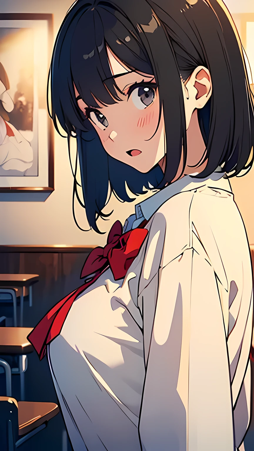 (masterpiece:1.6),(best quality:1.6), (ultra high res1.2),perfect proportion,(dark hair:1), ( black hair:1), (black eyes:1.1),(beautiful Busty breasts:1), (beautiful girl:1.4),a girl,(medium bob hair:1.2),a sexy mole around the mouth,open mouth,(aroused:1.3), (embarrassed:1.3), blush,(beige V Neck Sweater:1.1),(school uniform1),a red Checked bow tie, (upper body shot:1.1),from side shot