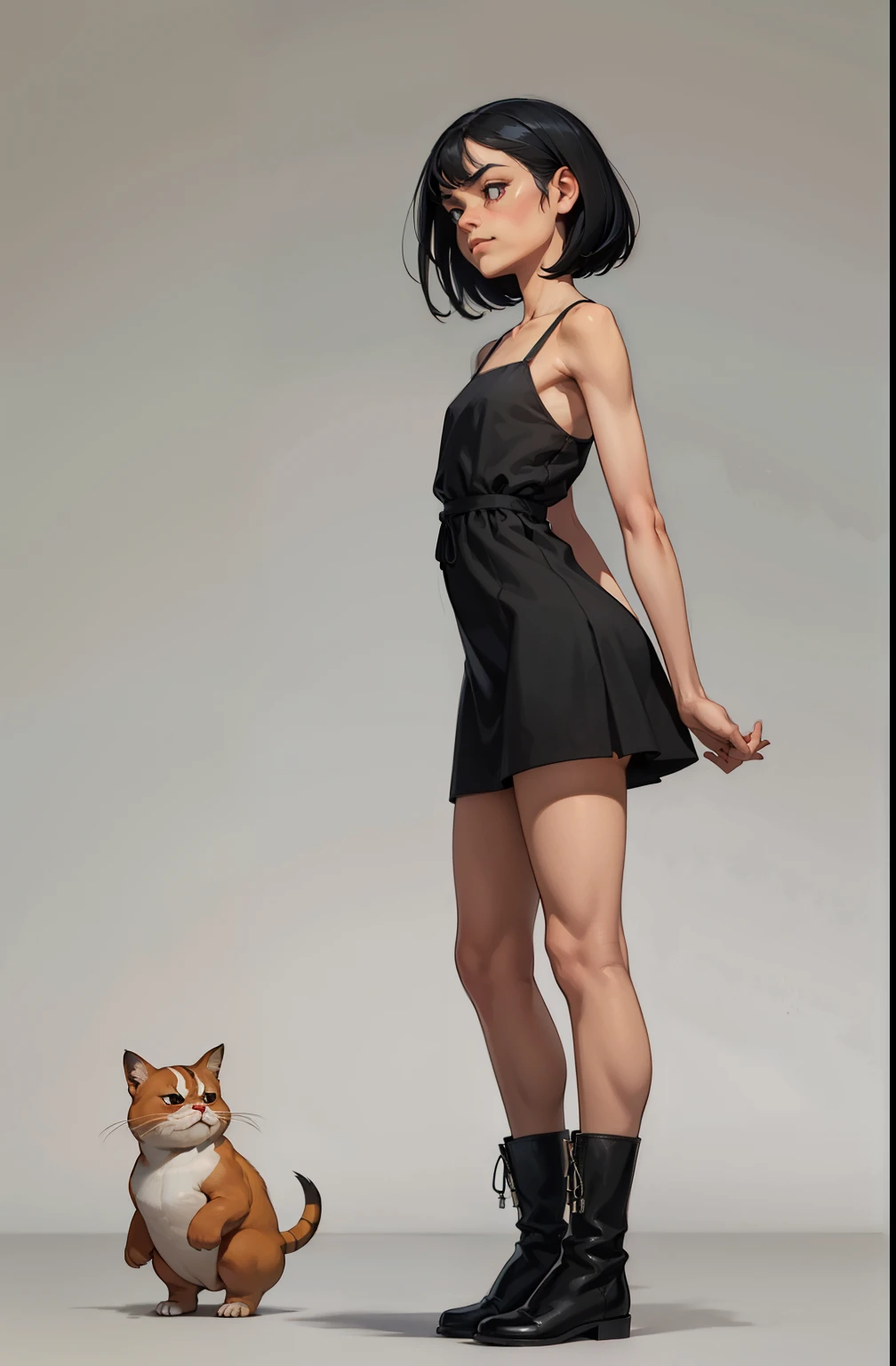 maquiagem, Lips are soft or colored, fundo preto simples, minimalismo, monotonous, paletas de cores vivas, girl, grumpy face, short dress, feet exposed, short black dress, boots, straight hair tied up, standing on tiptoe, arms crossed, looks up, side view, perspective, sideways, perfect anatomy, pose dynamics, perfect hands, wind in the dress