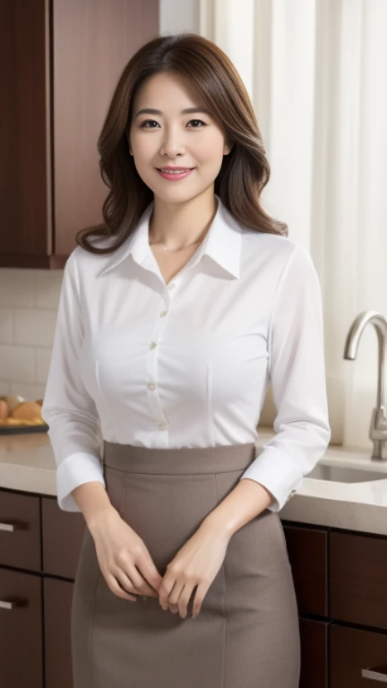 ((highest quality, 8K, masterpiece, portrait: 1.3)), (looking at the viewer), (full shot:0.85), attractive business mature woman, 1 person, a little chubby:0.4,brown medium hair、 white collared shirt, gray tight skirt,((big breasts 2.0)) (big pelvis:0.9), ((Are standing)), smile:0.2,,good posture、gentle smile、kitchen、