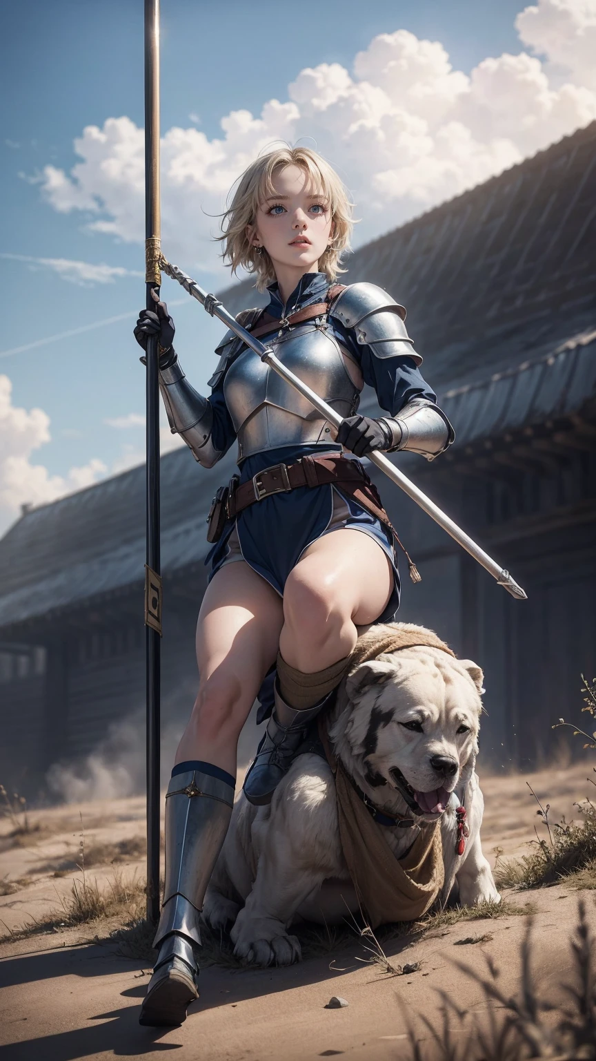 ((最high quality, 8K, masterpiece: 1.3, Ultra HD, high quality, 最high quality, High resolution, realism)) 、(high color saturation:1.0), (highly detailed skin), (最high quality:1.0), (超High resolution:1.0) ,(realistic:1.0), (Super detailed:1.0), (8K, Raw photo:1.1), slender、Slender, muscular body that's toned like an athlete's、Jeanne d'Arc、Wearing Western armor from head to toe、holding a pole with a flag on it、nice body、I'm on top of a small hill、There are many knights in armor around.、It's a battlefield、There are many dead soldiers around