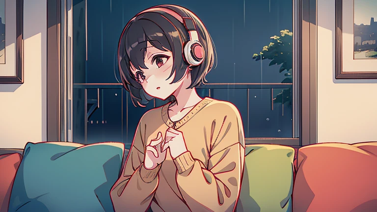 midnight、It&#39;s raining outside、１woman、full body、sit on the sofa、short hair、big red eyes、beautiful fingers、beautiful lines、Perfect Lines、13 years old、美しいwoman、beautiful fingers、Cute Sweater、headphones、Listening to music、view from a distance、In a cute room