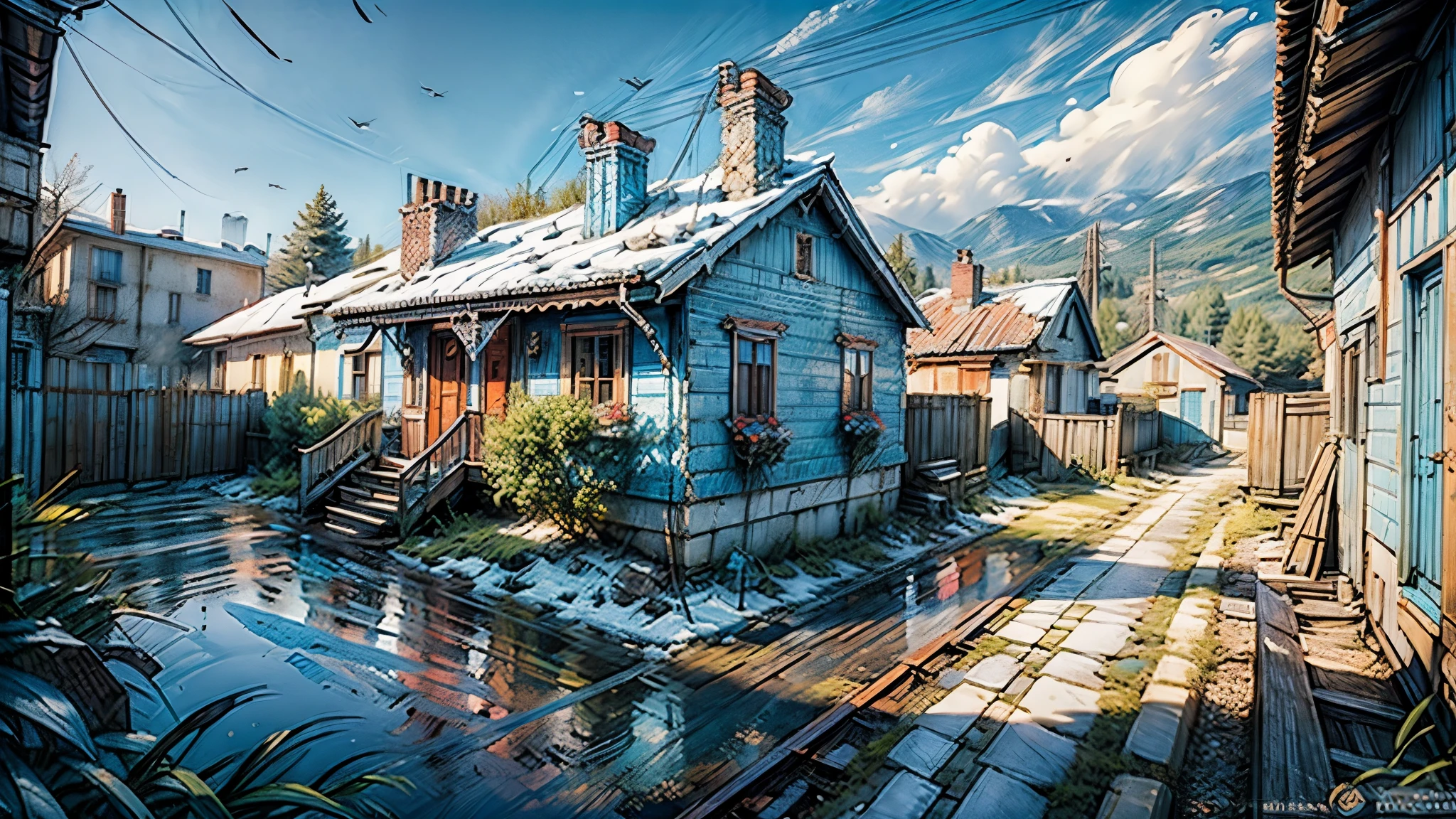 there is a blue house on the side of the tracks, russian village, typical russian atmosphere, soviet suburbs, viewed in profile from far away, photo taken from far away, inspired by Isaac Levitan, russian villages at background, the photo was taken from afar, house on background, magical soviet town, shot from far away, small cottage in the foreground, unusual composition, wide shot, from above, 4K, 8k, highres, masterpiece, retina, UHD, high quality