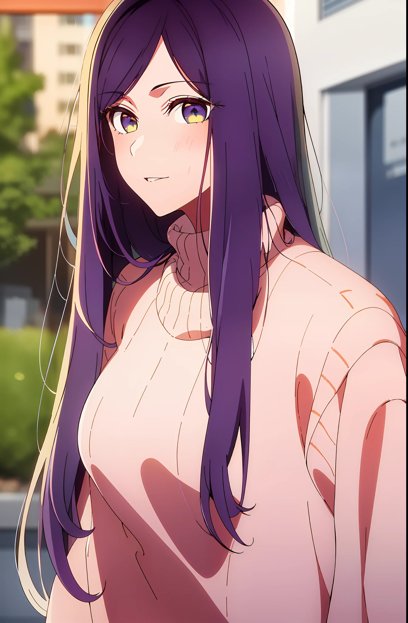 Girl, long purple hair, orange eyes, cold features, white skin, pink lips, sweater