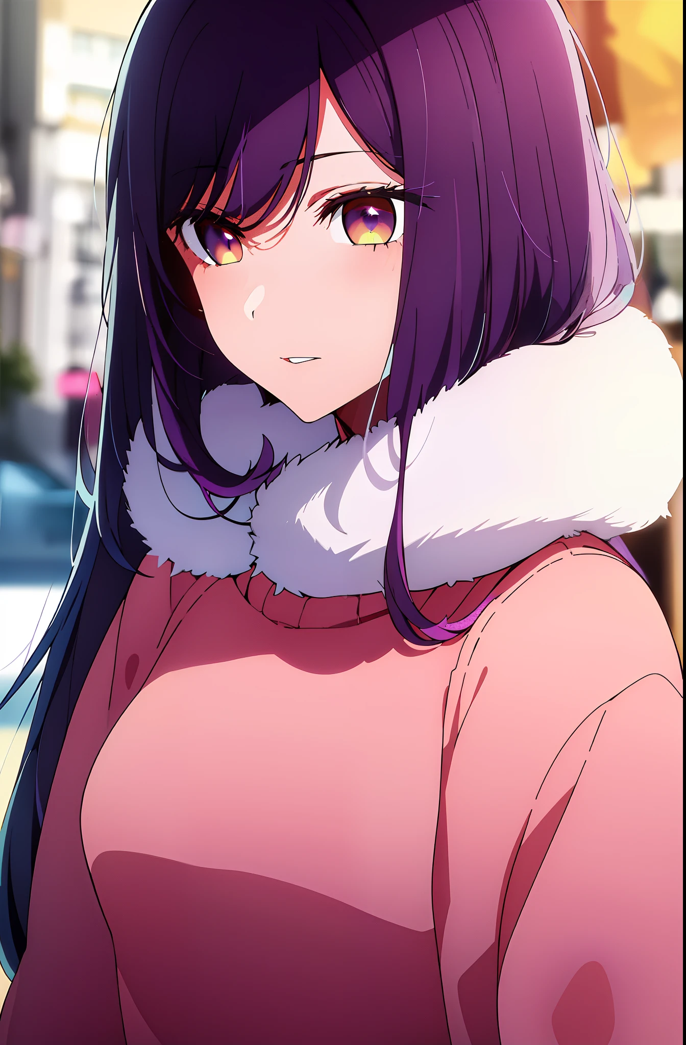 Girl, long purple hair, orange eyes, cold features, white skin, pink lips, sweater