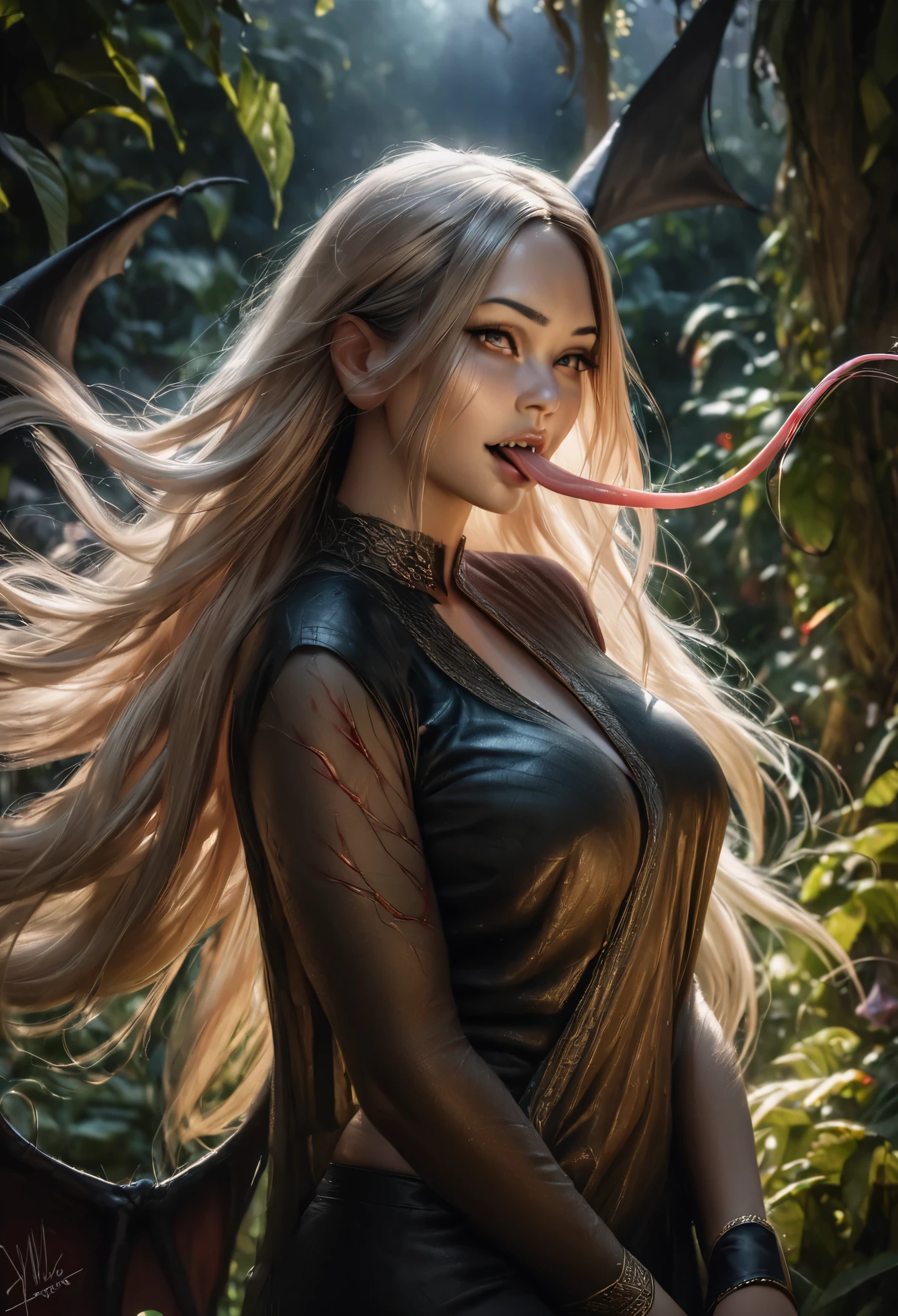 v(best quality,4k,8k,highres,masterpiece:1.2),ultra-detailed,(realistic,photorealistic,photo-realistic:1.37),bat girl eating giga busty malaysian woman alive,super hungry girl with sharp fangs and piercing eyes,carnivorous vampire girl consumes the woman with her long tongue,lush green garden backdrop,moonlit night sky,shadows cast by the moonlight,moonlight illuminating the girl's pale skin,long flowing hair swirling in the night wind,mesmerizing gaze from the girl's piercing eyes,gorgeous bat wings extending from her back,delicate veins visible on the bat wings,blood-stained lips after devouring her prey,magical glowing aura surrounding the girl,bat girl's fangs glistening in the moonlight,woman's voluptuous curves highlighted by the girl's grasp,exquisite details on the woman's traditional Malaysian attire,fine texture of the woman's silky hair,glimpse of fear in the woman's eyes,subtle expressions of pain and pleasure on the woman's face,delectable noodle-like texture as the girl consumes her,vibrant colors blending in harmony,soft and diffused lighting,creating an ethereal atmosphere,hint of mist floating in the air,adding a sense of mystery and suspense to the scene.