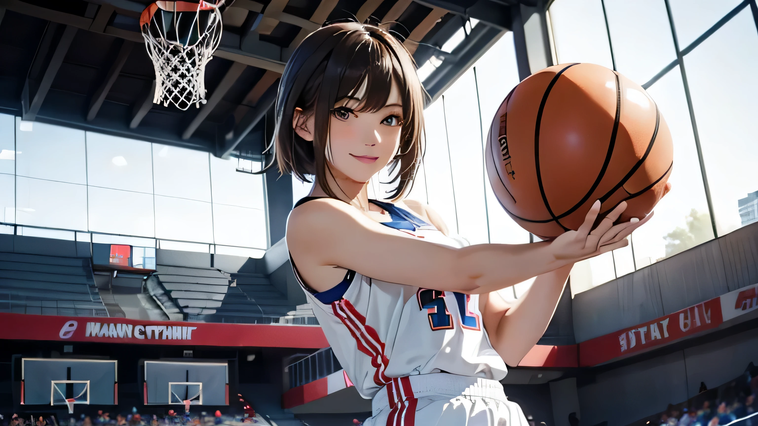(Best Quality,8K,hight resolution,masuter piece:1.2),Ultra-detailed,Realistic:1.37,Portrait,Dynamic Angle,(Female basketball players) ,age girl,small head,Cute,Sporty,Charming face,Detailed beauty face,Very realistic skin,Wet skin,Sweat,Large breasts,nice legs ,Sporty,Basketball Competition Venues ,Cinematic lighting,