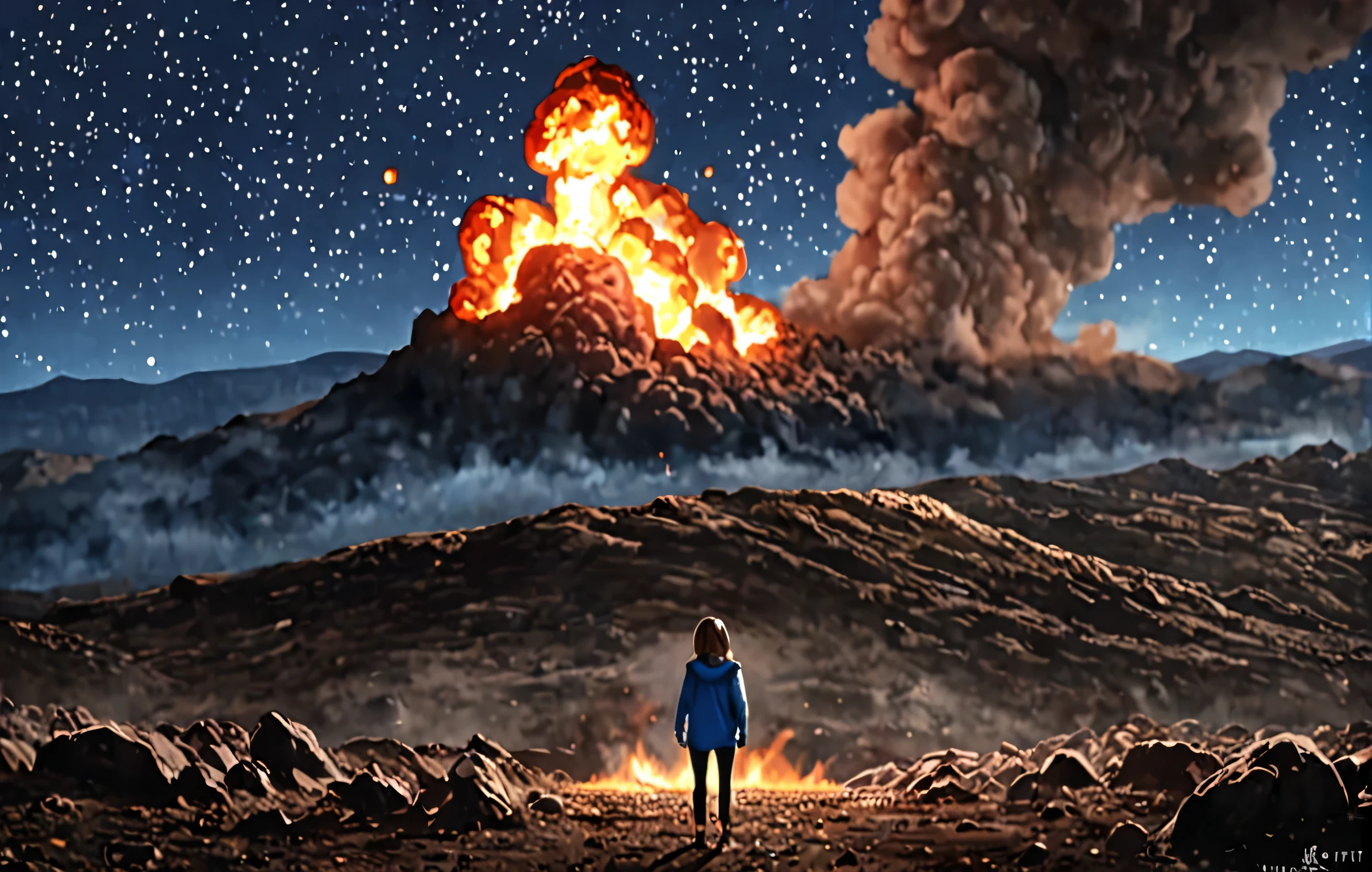 Girl in sportswear, I sit on a small hill and look at the night sky, fflix_It doesn't matter, back view, Seeing, how an asteroid from ral-vlntxplzn crashes into the ground nearby,  ultra-realistic, extremely detailed, A lot of fire, Smoke, dust, Bright blue sky