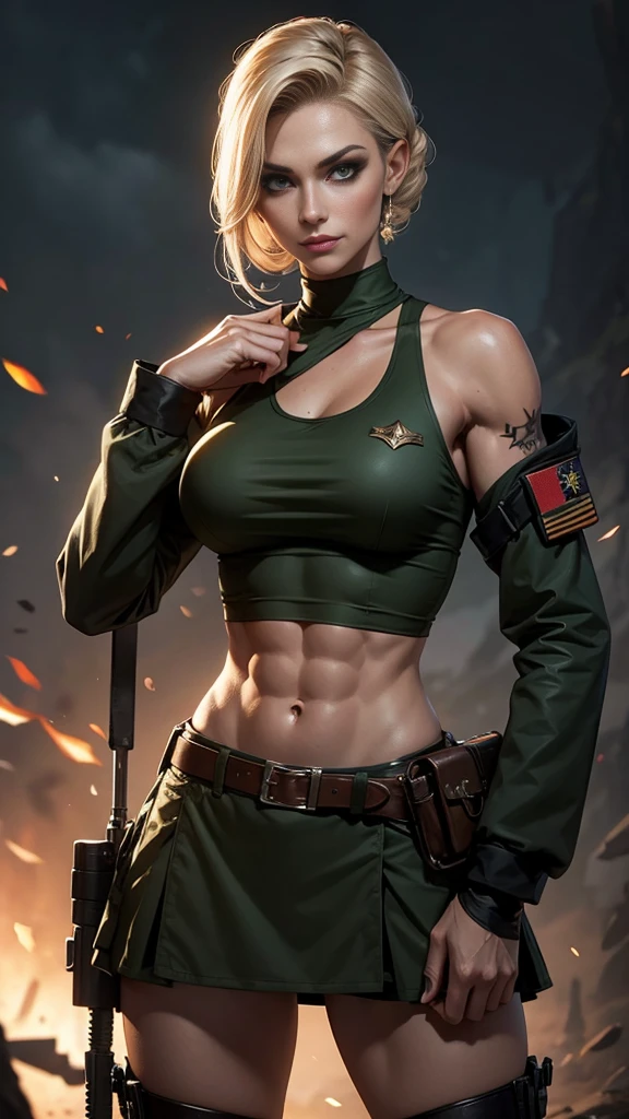 A gorgeous and stunning female soldier fighting on the battlefield, smirking sadistically, smiling sadistically, high rank, dominant, challenging demeanor, smug, teasing, tall, statuesque, imposing, towering, biceps, triceps, eight pack abs, extremely defined abs, tank top, wide shoulders, narrow hips, narrow waist, huge breasts, slim, slender, toned, long eyelashes, make up, perfect eyes, eyeliner, perfect lips, long fingers, delicate fingers, long nails, supermodel, tattoo on shoulder, (military uniform), tanned skin, official uniform, colonel, marshal, lieutenant,