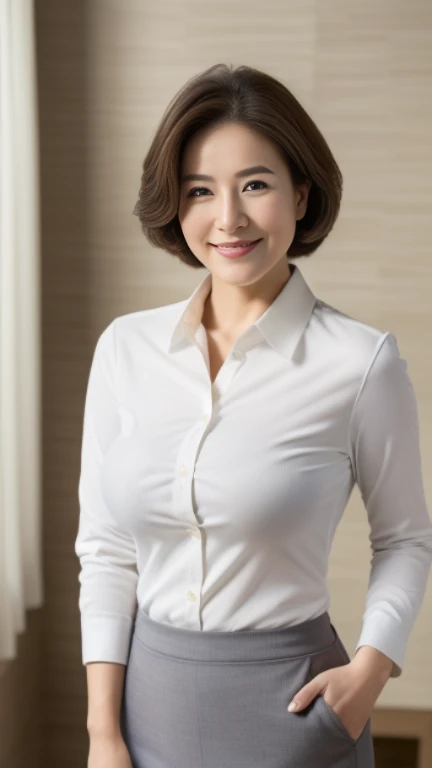 ((Best Quality, 8k, Masterpiecedetails, ultra-high resolution)), (looking at the viewer), (close up), attractive business 1 milf sitting on office desk, a bit chubby:0.25, white collared shirt, grey skirt, smile, office of CEO,