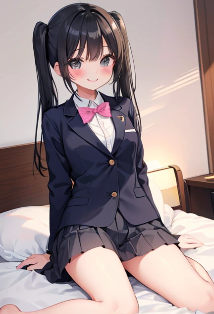 beautiful illustrations, highest quality, pretty girl,beautiful girl、clear face、 half girl、pastel colour ,black hair、black eyes、smile、blush、にこやかなsmile、thighs、uniform、blazer、Bedroom、on the bed、スカートをめくってpantsを見せる、between legs、pants、twin tails、underwear、have a skirt、gal