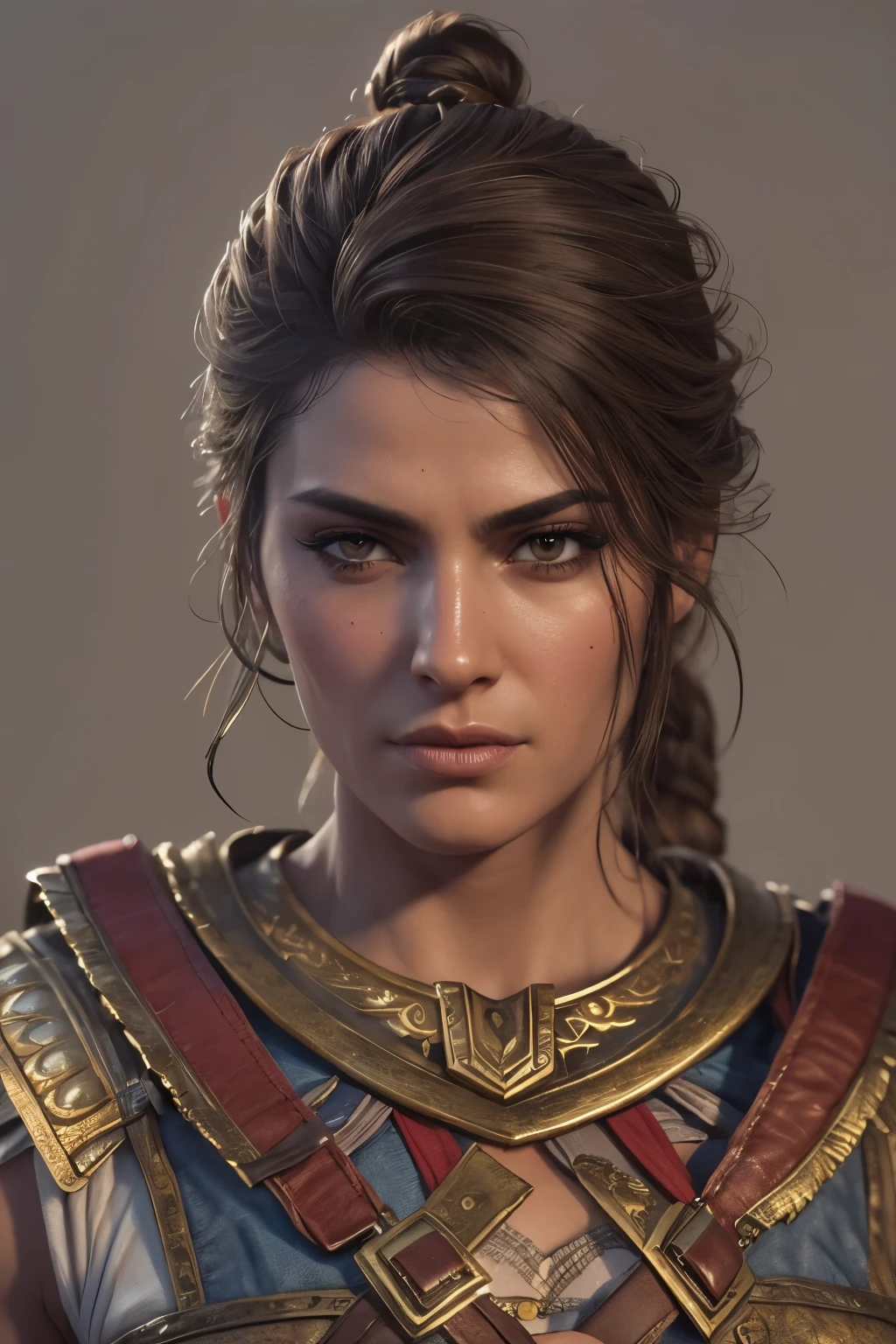 extremely detailed Kassandra Assassin's Creed Universe,Detailed Lips, Detailed Eyes, detailed eyelashes, detailed face, textured skin, super detail lighting, mid body shot,