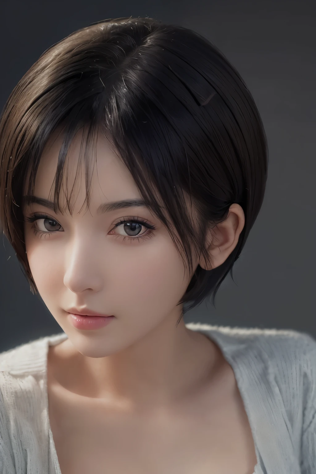 (masterpiece:1.3), (8K, realistic, Raw photo, highest quality: 1.4), (1 girl), beautiful face, (realistic face), (black hair, short hair:1.3), beautiful hairstyle, realistic eyes, detailed and beautiful eyes, (realistic skin), beautiful skin, (sweater), disorganized, Charm, ultra high resolution, surreal, very detailed, golden ratio